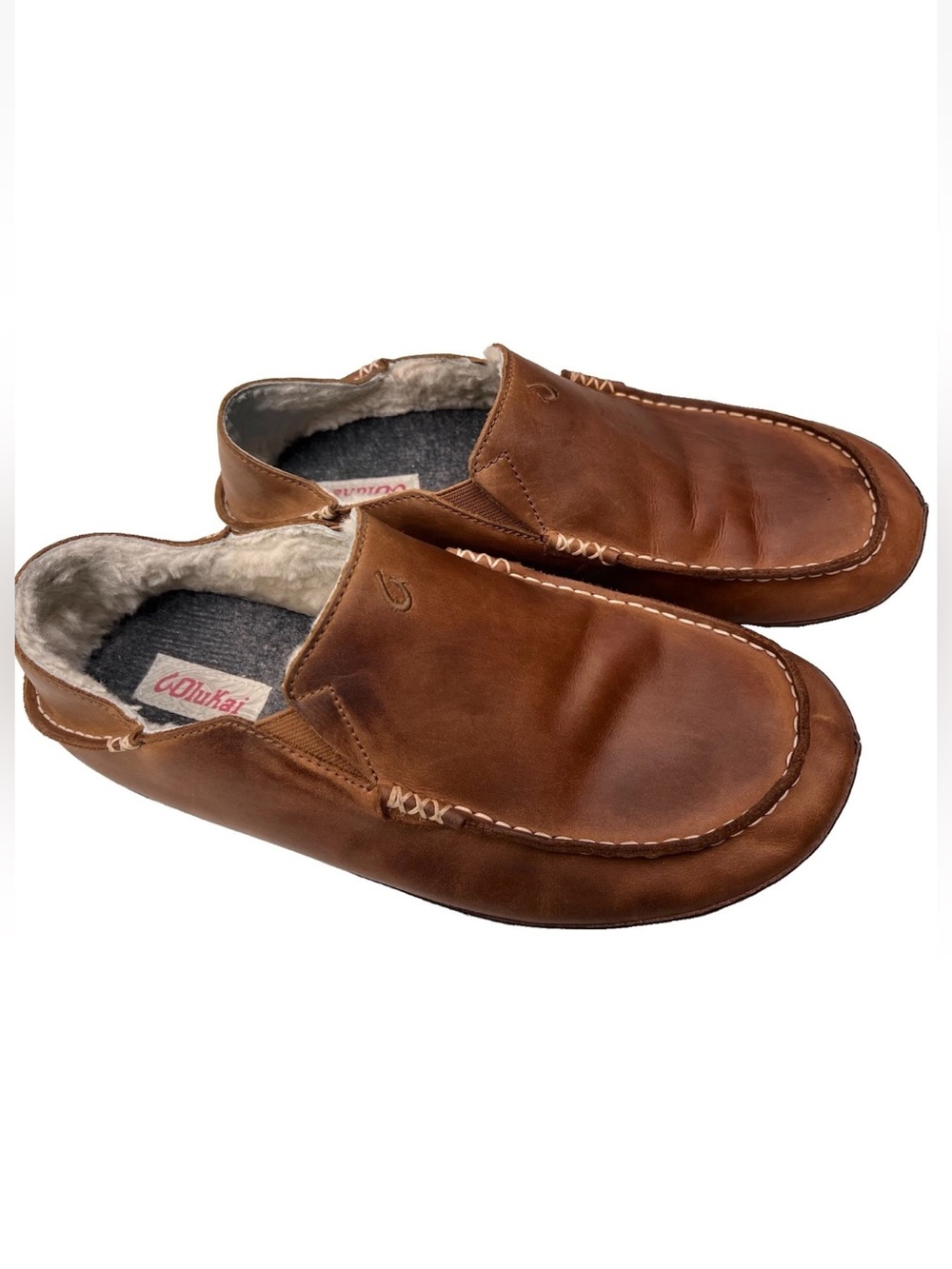 OluKai Moloa Slipper Men’s US 12 Leather Sheepskin Fur Lined Shoes Brown 10252